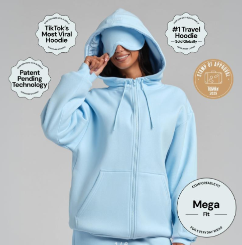 AERREST | First Class Travel Zip Hoodie — Oversized Cloud Fleece Hoodie With Satin-Lined Hood & Built-In Sleep Mask